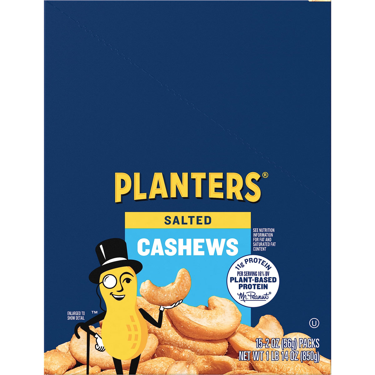 PLANTERS front packaging of 15 two ounce salted cashew packs, convenient portioning