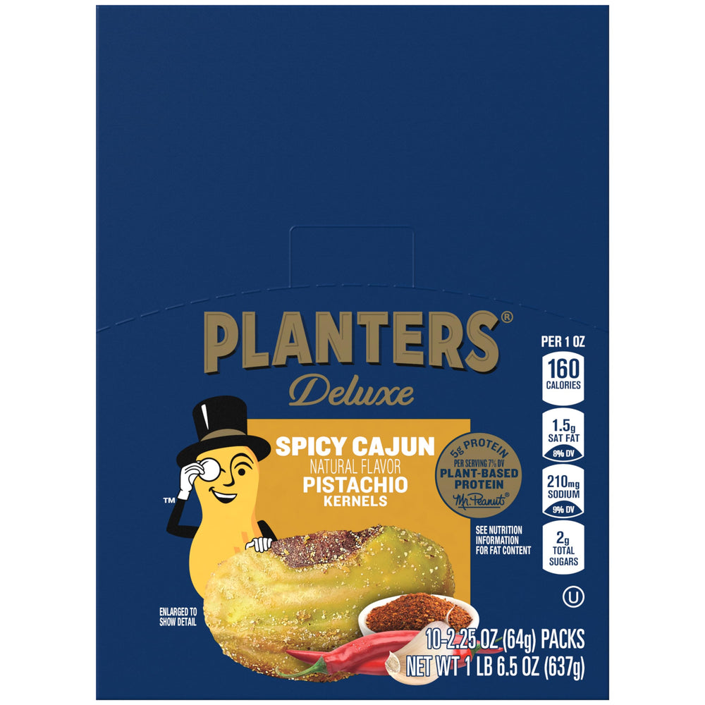 PLANTERS front packaging 2.25 oz bag showing bold Cajun flavor for snacking