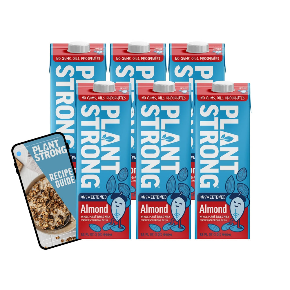 PlantSTRONG carton front view showing clean whole‑almond branding and storage benefit