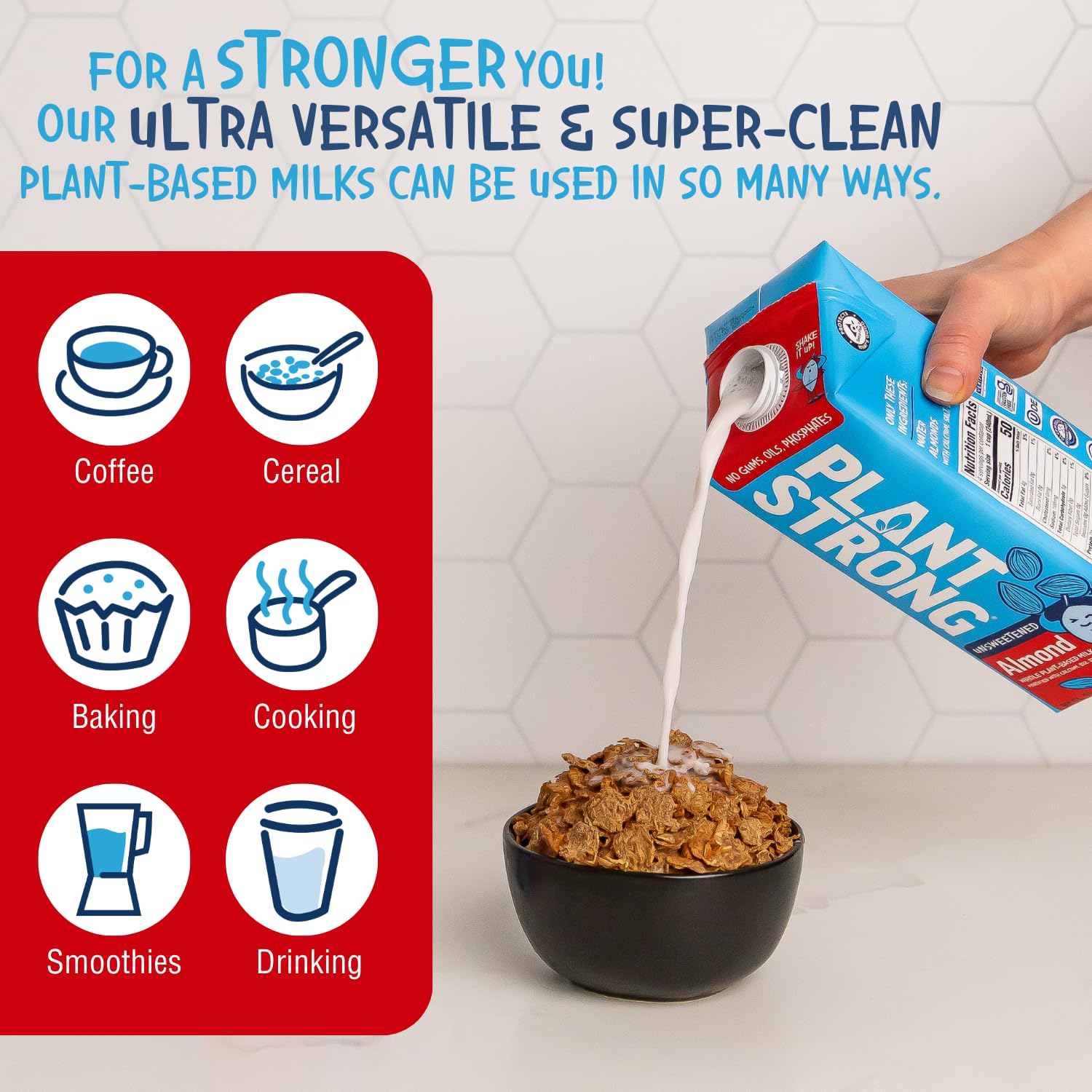 PlantSTRONG recipe guide flatlay with cartons showing easy meal and smoothie ideas