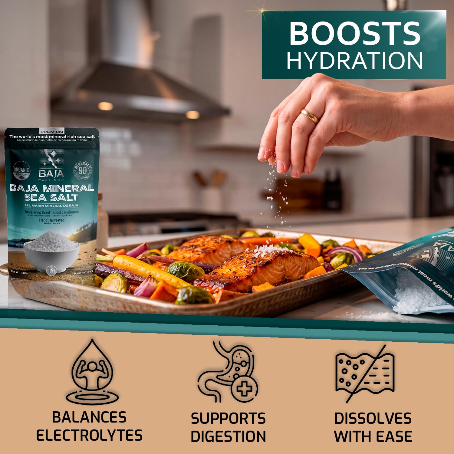 Platinum Baja sprinkled on steak illustrating enhanced finishing flavor