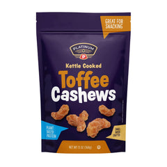 Platinum toffee cashews front pouch showing resealable packaging and branding benefit freshness