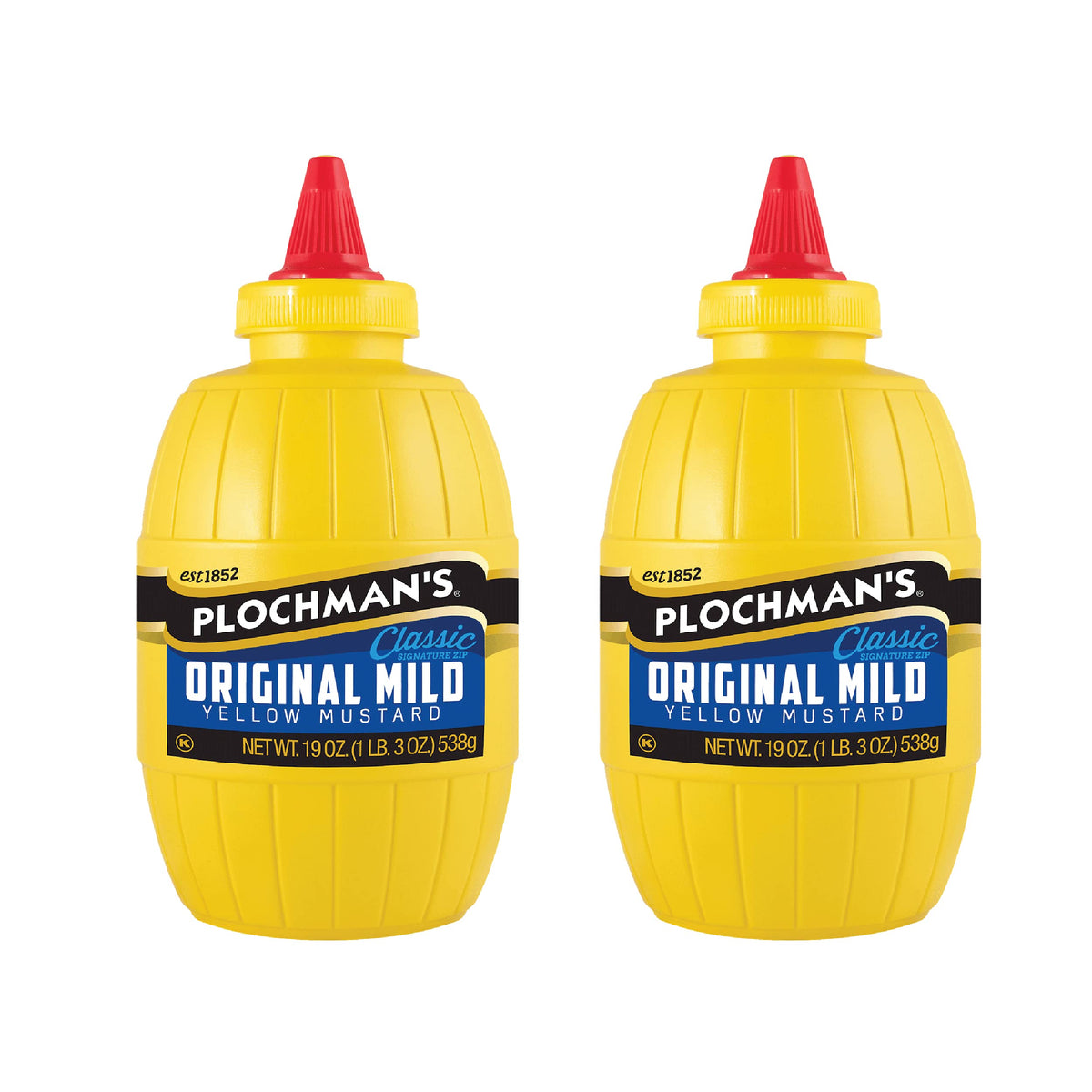 Plochman's front packaging 19oz bottle showing label and easy-squeeze cap for convenience