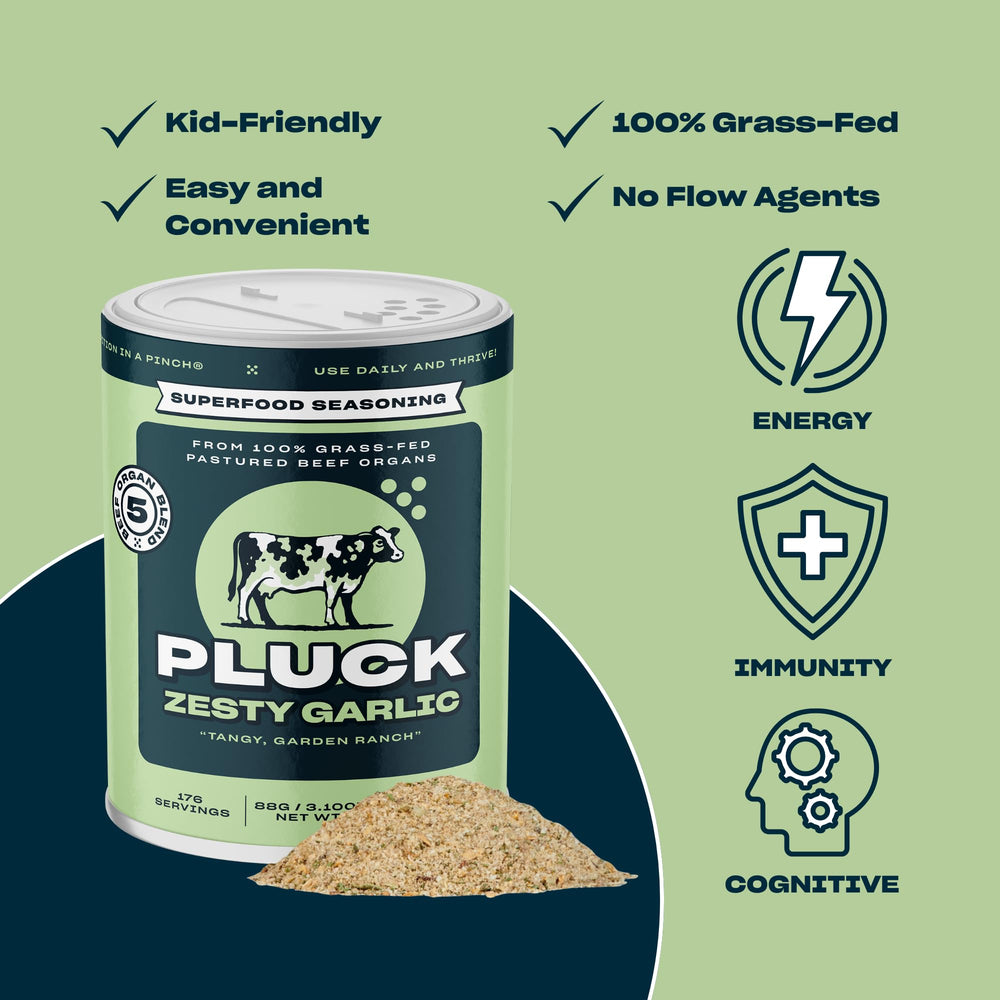 Pluck jar staged with fresh herbs and garlic, illustrating natural ingredients