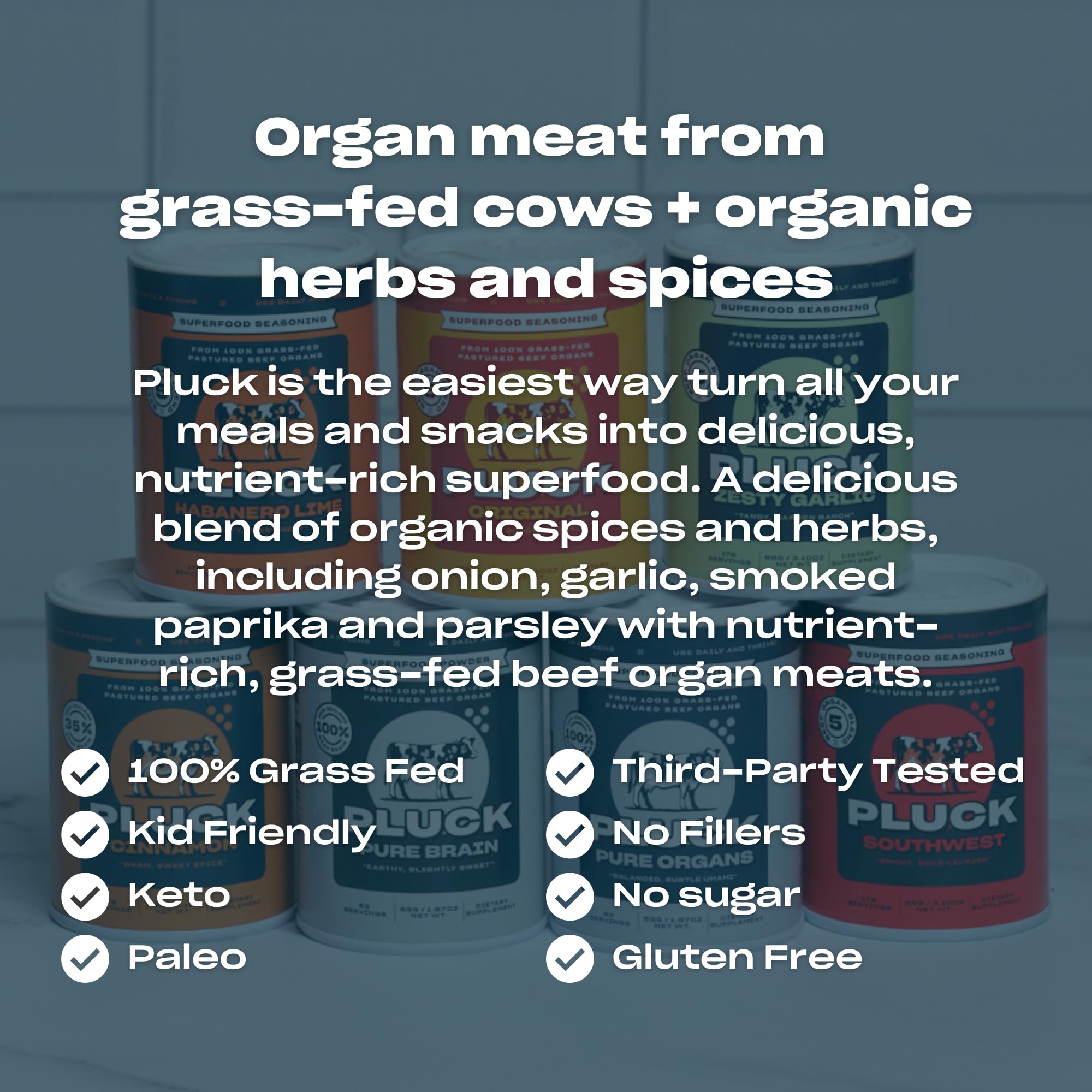Pluck nutrition label and powder, displaying ingredient transparency and serving info