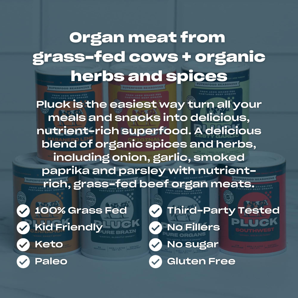 Pluck nutrition label and powder, displaying ingredient transparency and serving info