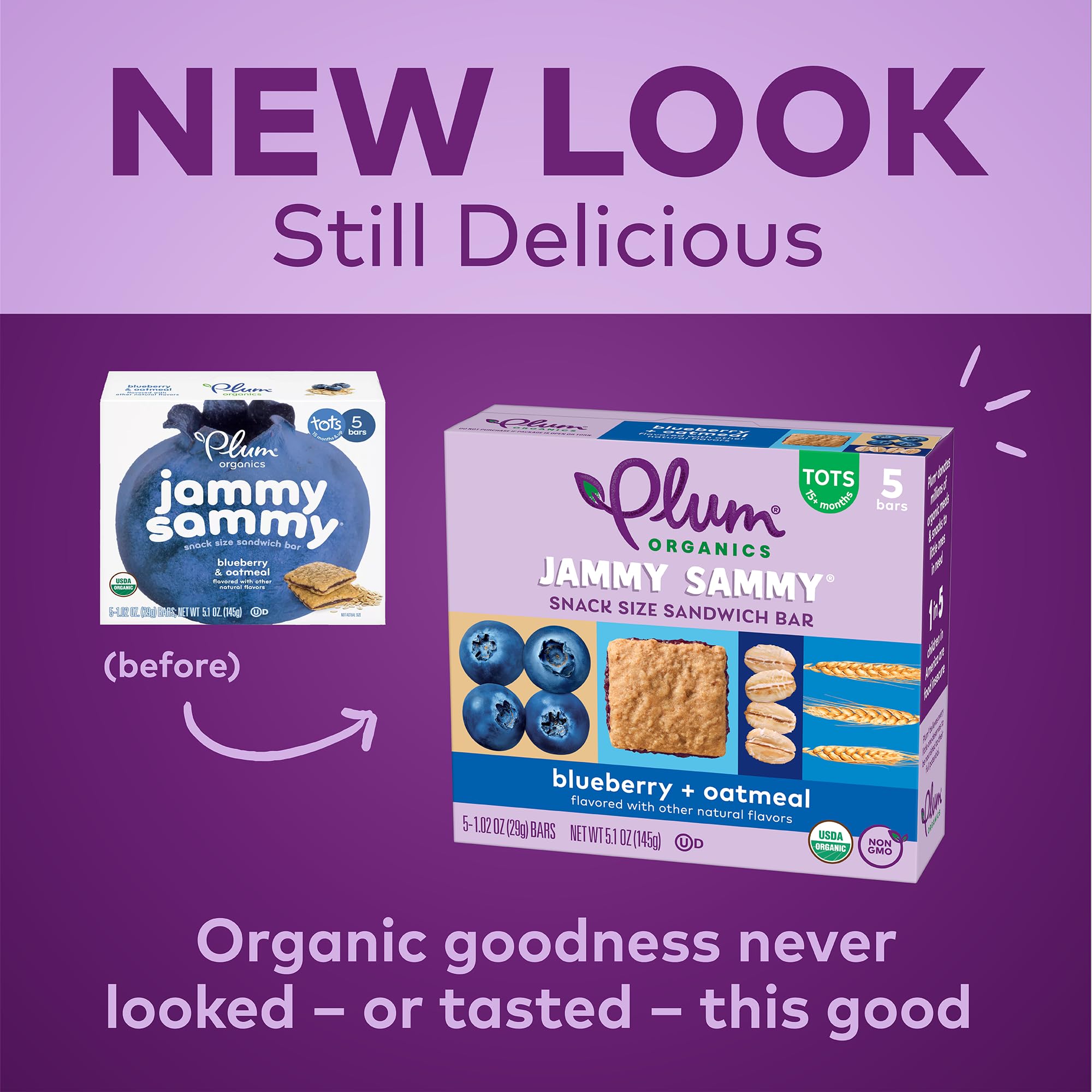 Plum Organics individually wrapped Jammy Sammy bar, easy single-serve convenience
