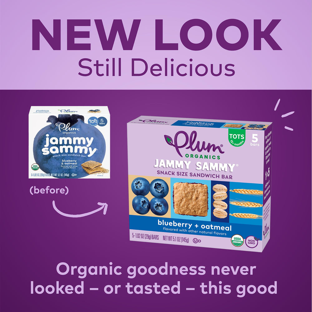 Plum Organics individually wrapped Jammy Sammy bar, easy single-serve convenience