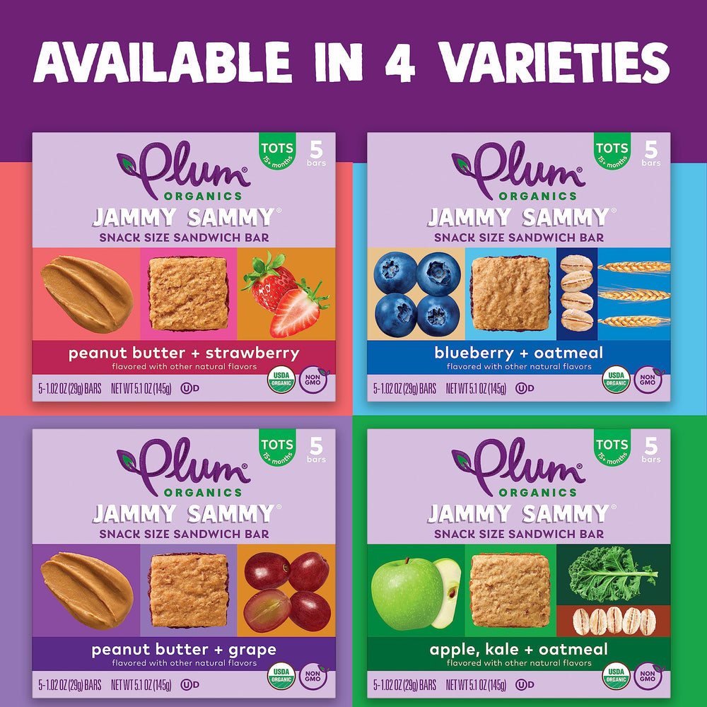Plum Organics bar held in adult hand for scale, shows toddler-friendly portion size