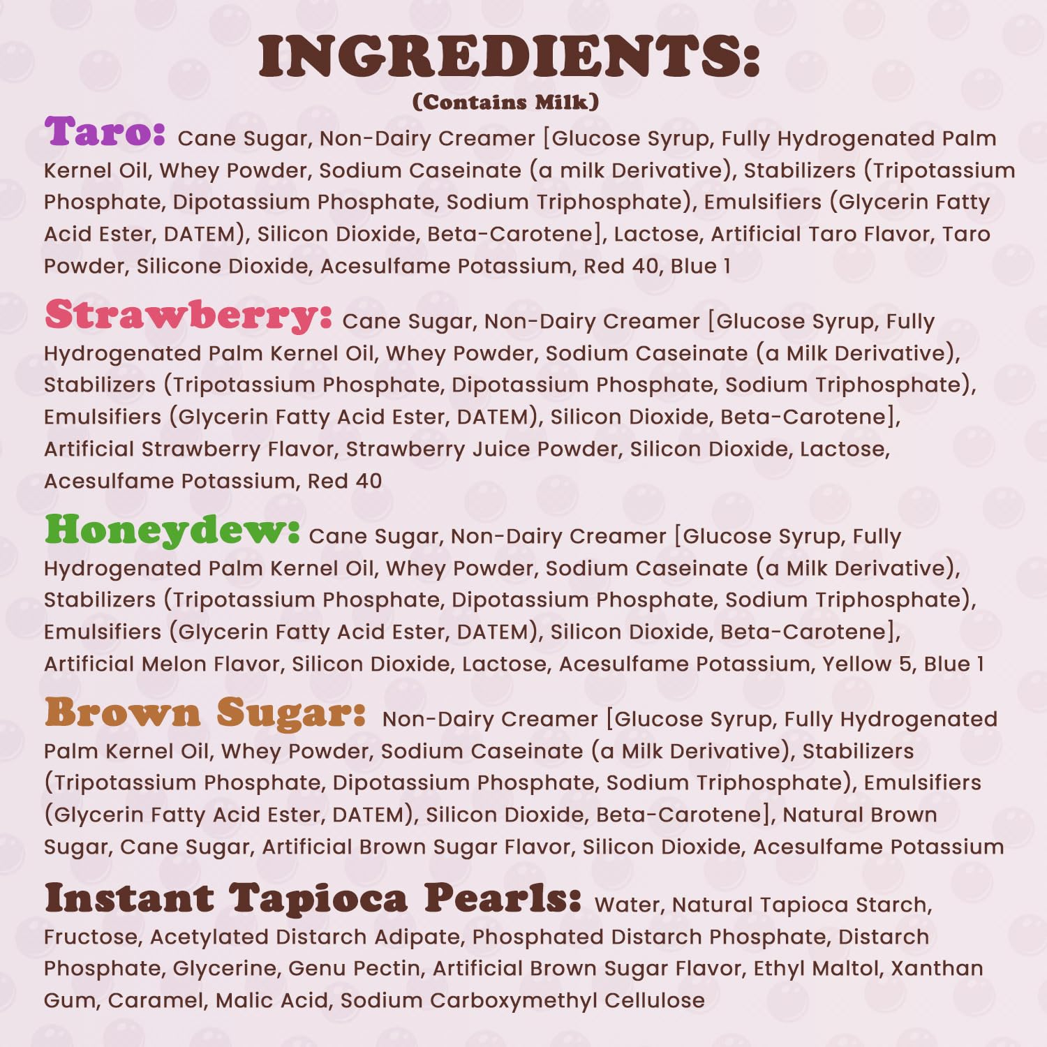 Pocas contents laid out: powder sachets and tapioca pearls for convenience