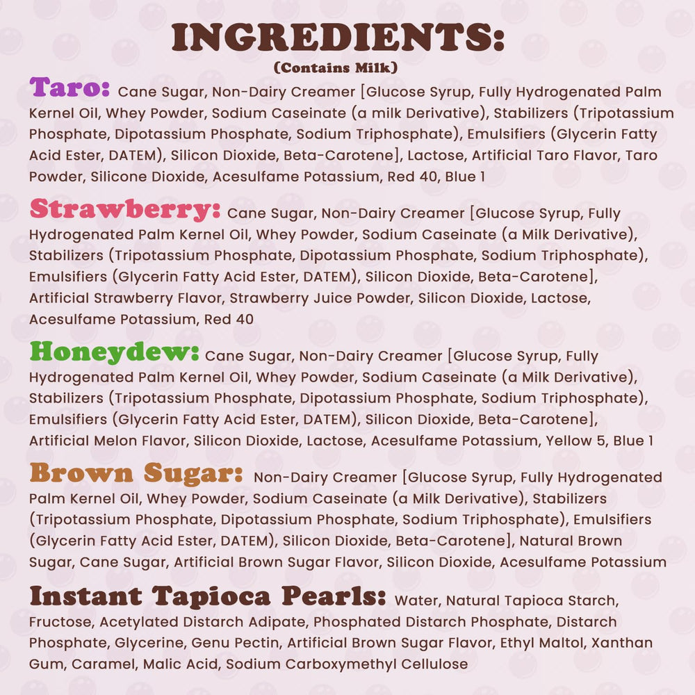 Pocas contents laid out: powder sachets and tapioca pearls for convenience