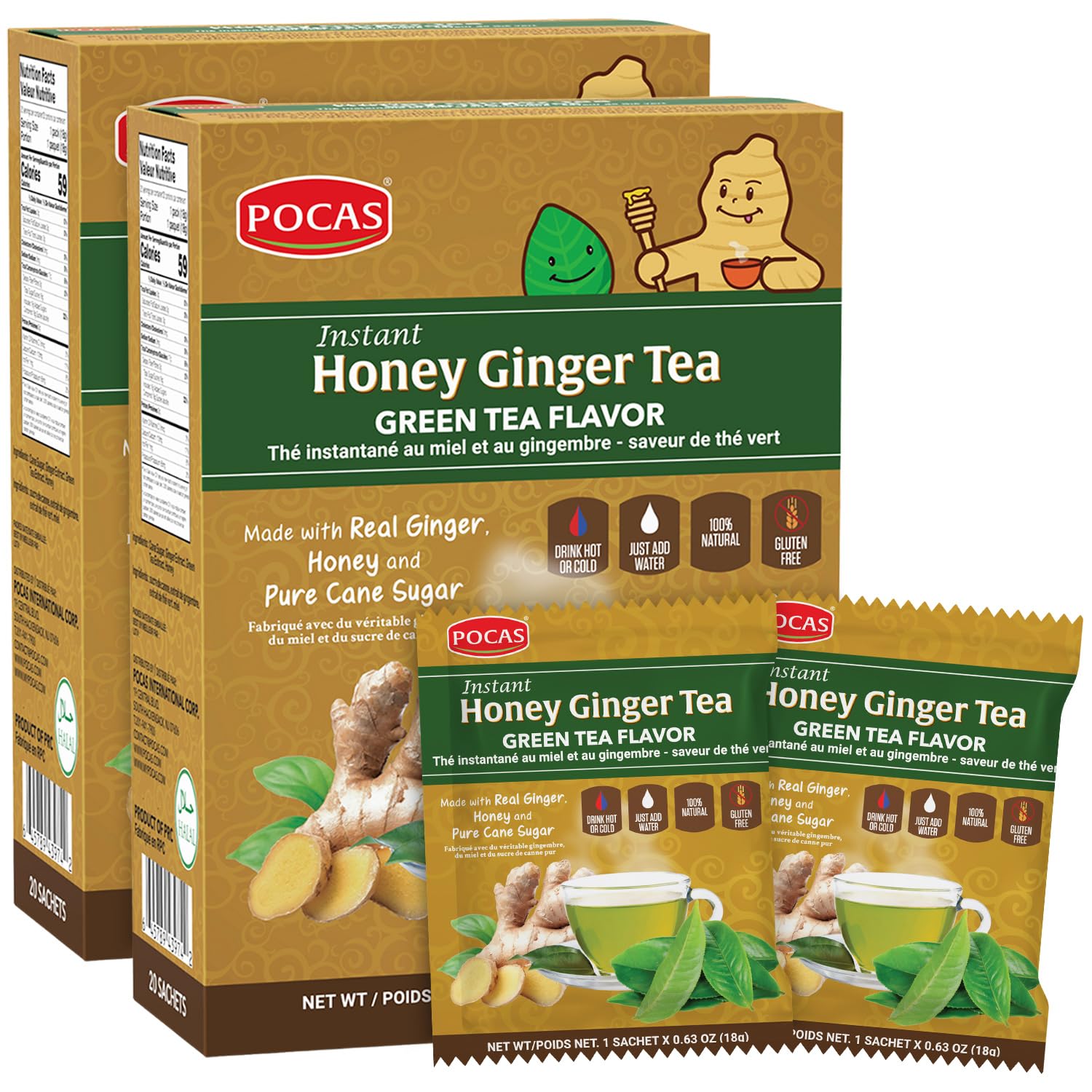 Pocas front packaging showing honey ginger green tea, convenient single-serve benefit