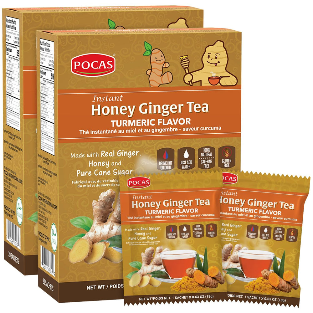 Pocas front packaging showing turmeric honey ginger and two-box set for convenience