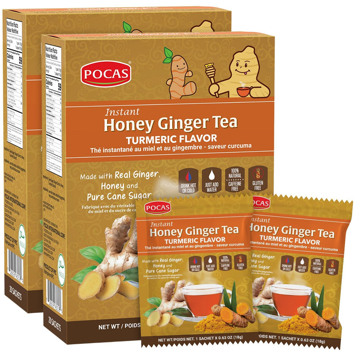 Pocas front packaging showing turmeric honey ginger and two-box set for convenience
