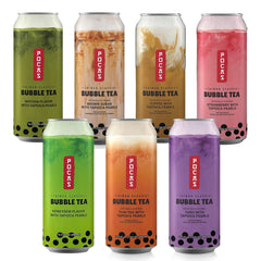 Pocas front packaging showing seven bubble tea cans and variety benefits