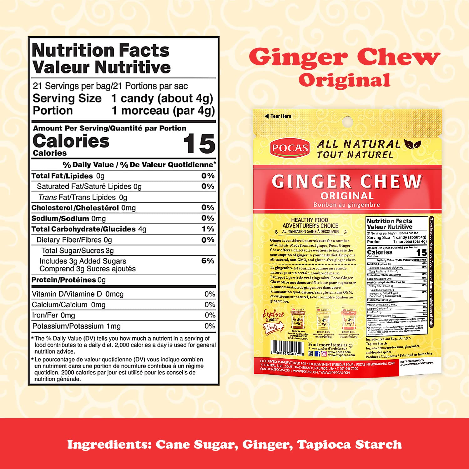 Pocas individually wrapped ginger chews close-up, freshness and portability benefit