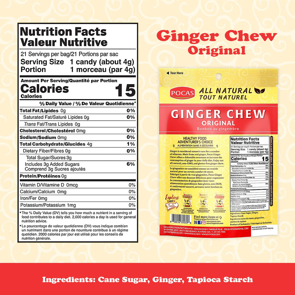Pocas individually wrapped ginger chews close-up, freshness and portability benefit