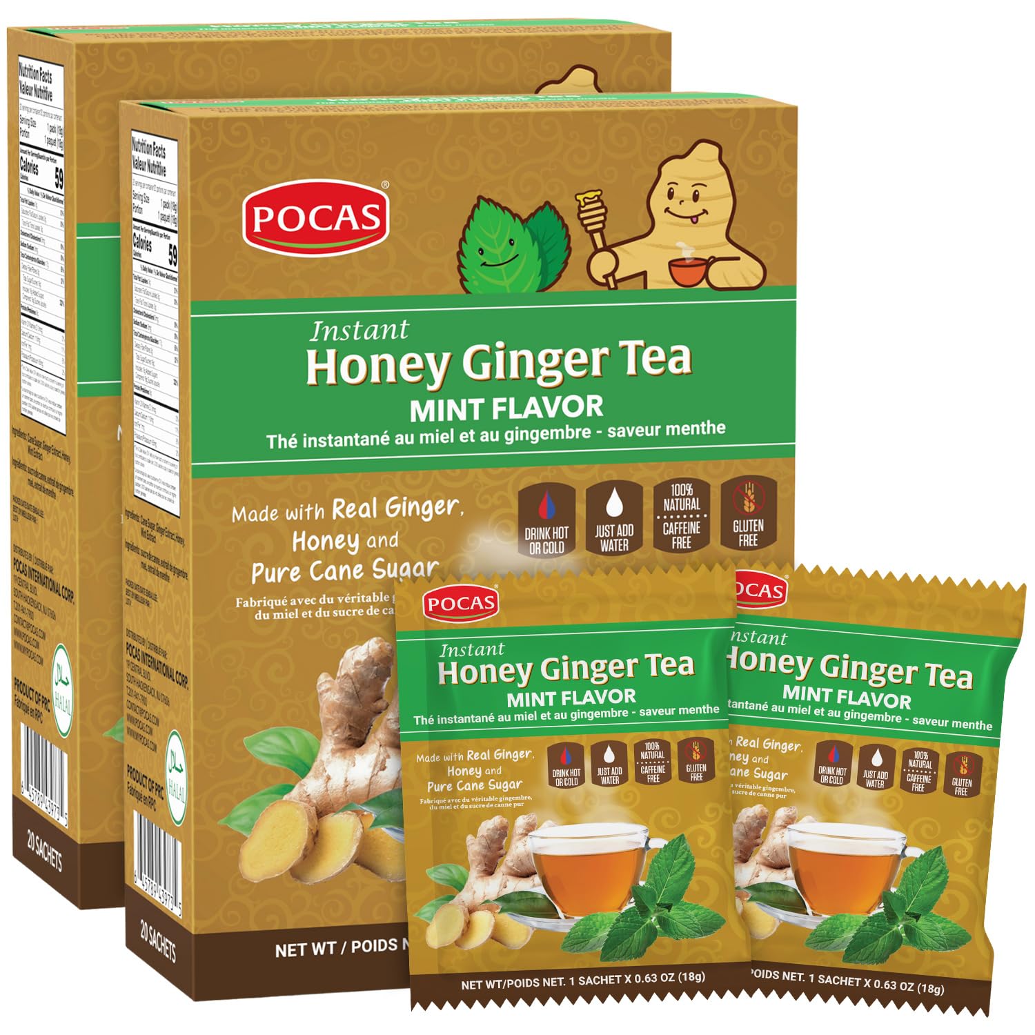 Pocas front packaging showing mint flavor and 20 packets benefit convenience
