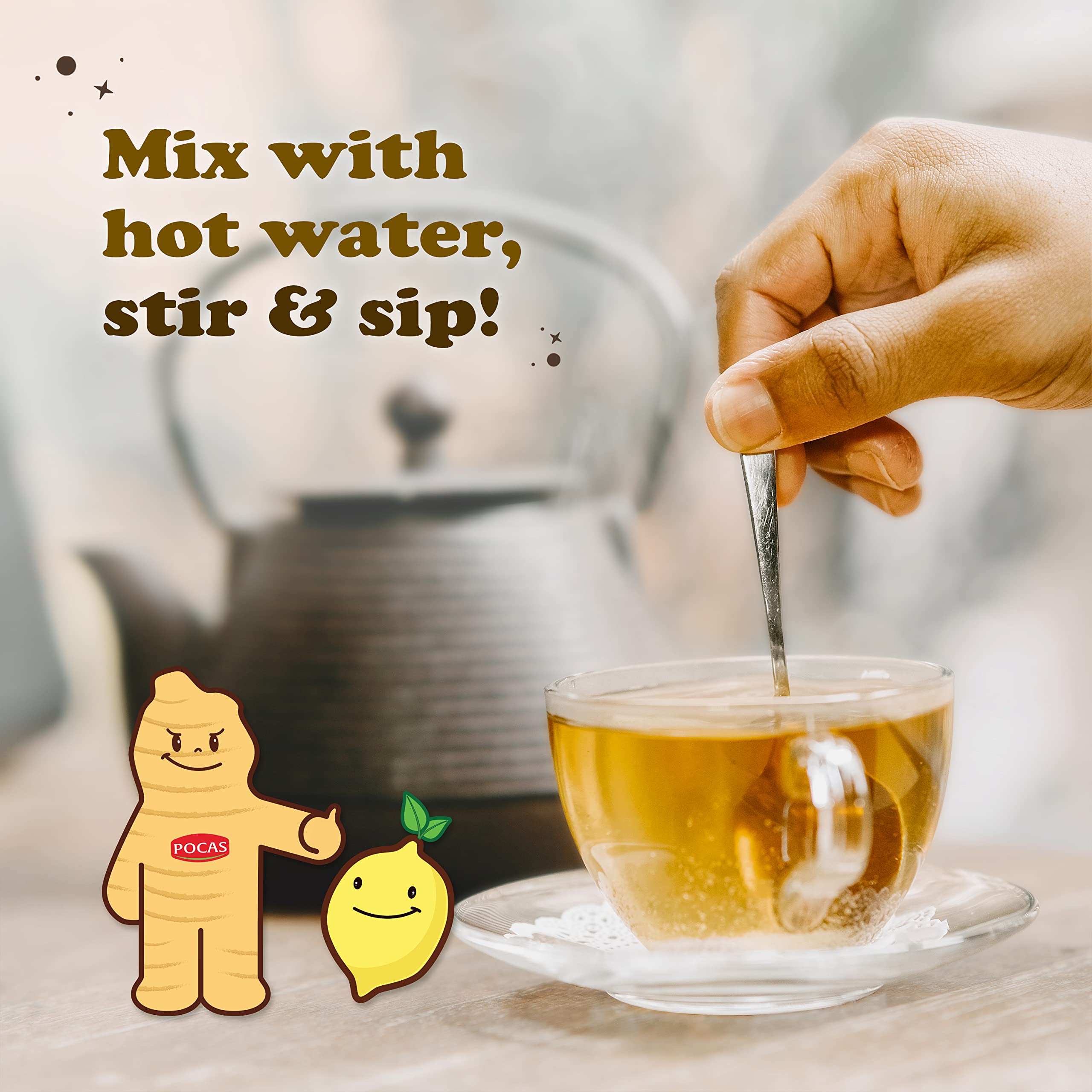 Iced glass of Pocas honey ginger lemon tea showing refreshing cold-serve option