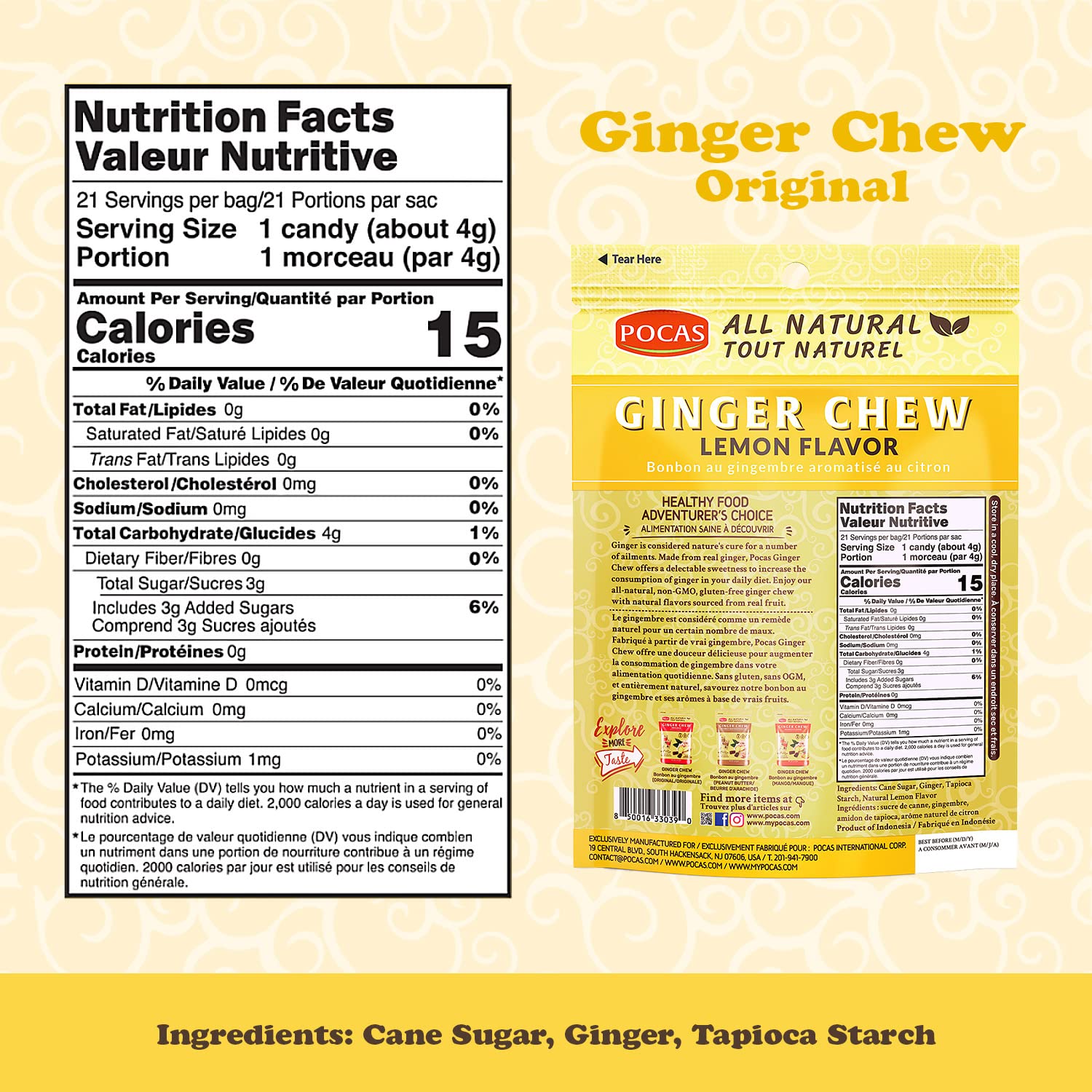 Pocas individually wrapped lemon ginger chew for easy portability