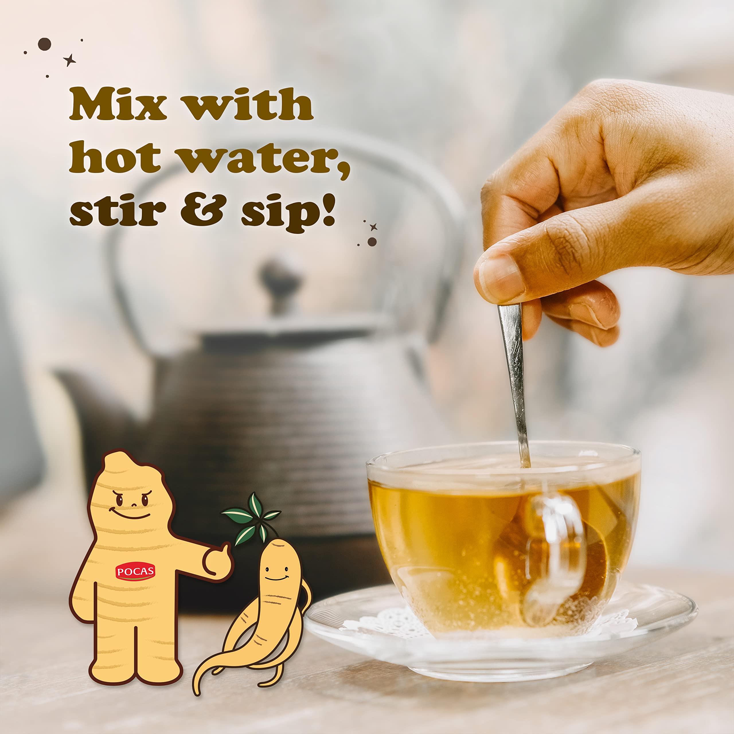 Stirred hot cup of Pocas tea steaming, brand warming comfort in moments