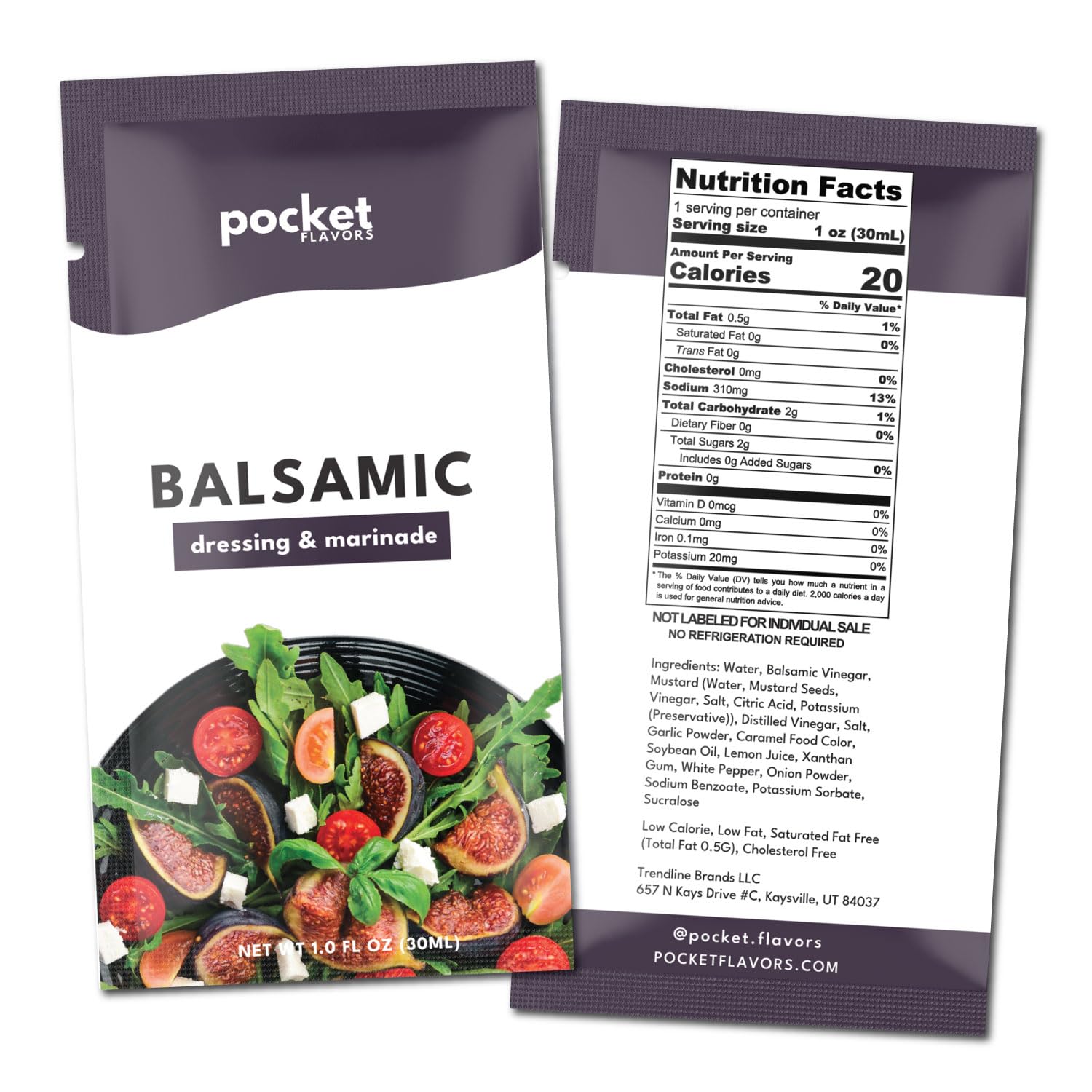 Pocket Flavors front packaging showing eight balsamic single‑serve pouches and convenience