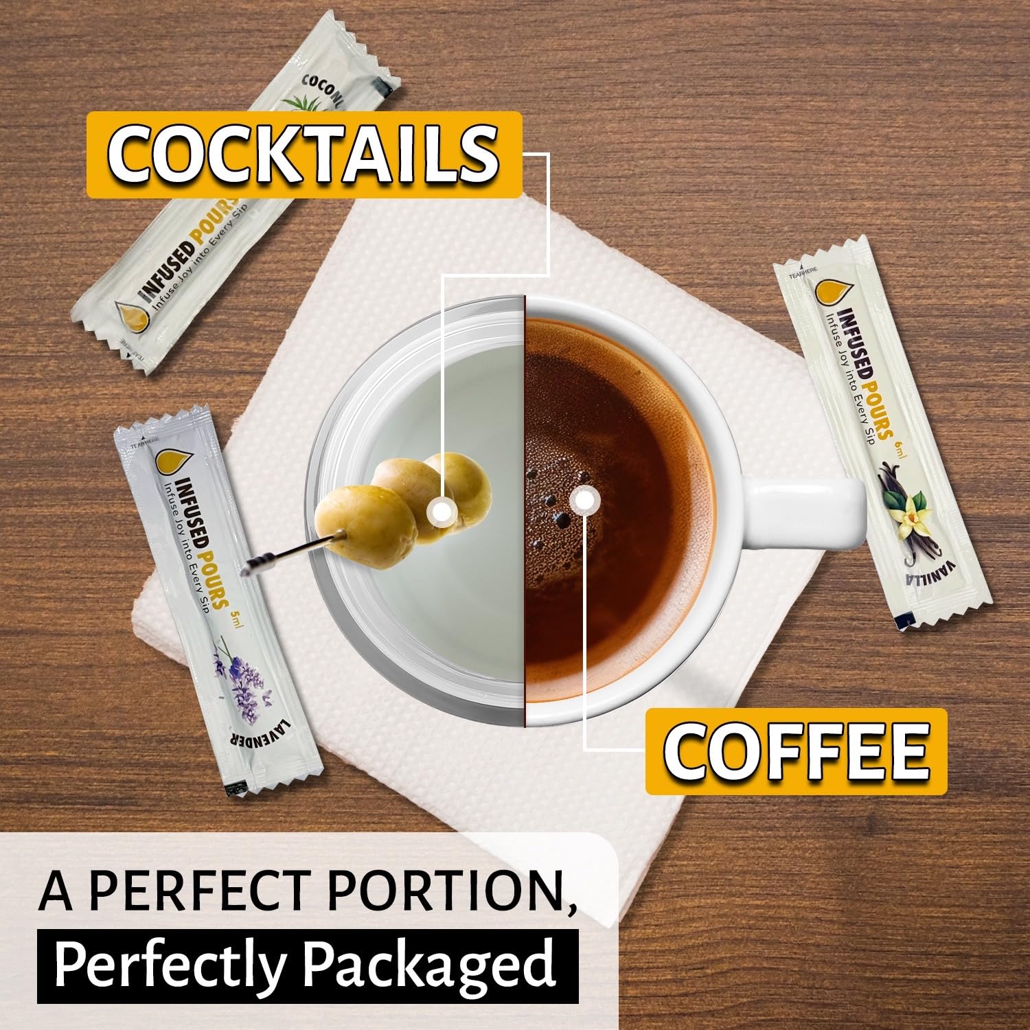 Pocket Pours syrup being poured into iced coffee for quick flavor boost