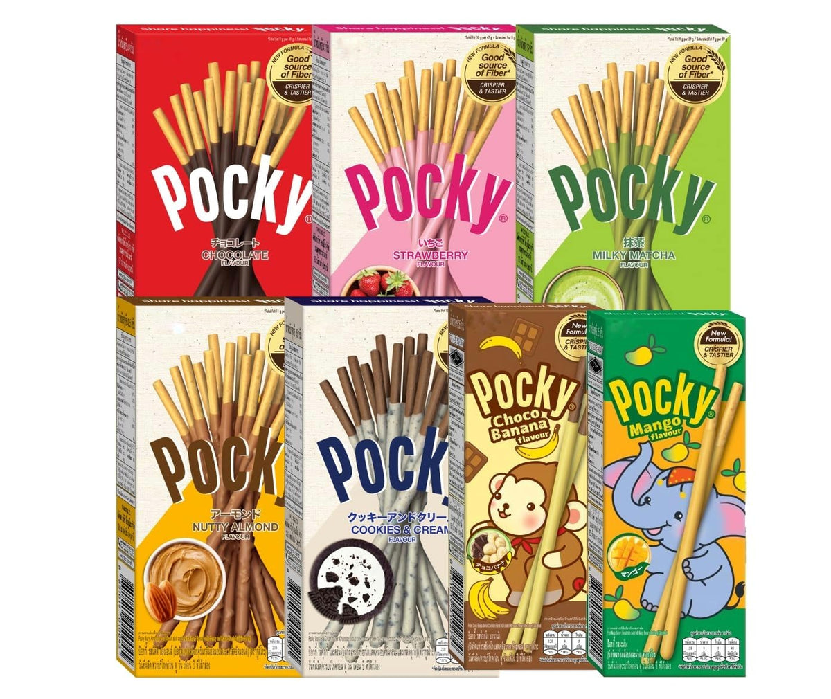 Pockys front packaging showing seven flavor boxes and convenience benefit