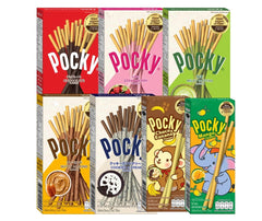 Pockys front packaging showing seven flavor boxes and convenience benefit