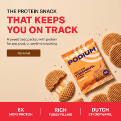Podium Nutrition close-up of waffle and protein caramel center enhancing texture appeal