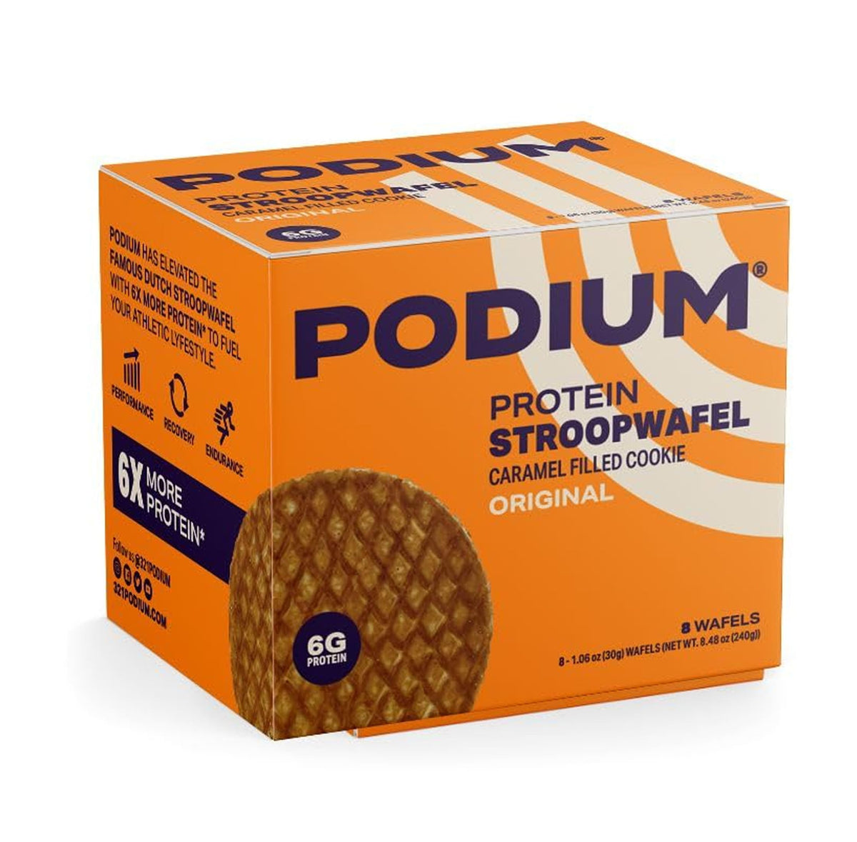 Podium Nutrition front packaging showing 8-count box and product benefits