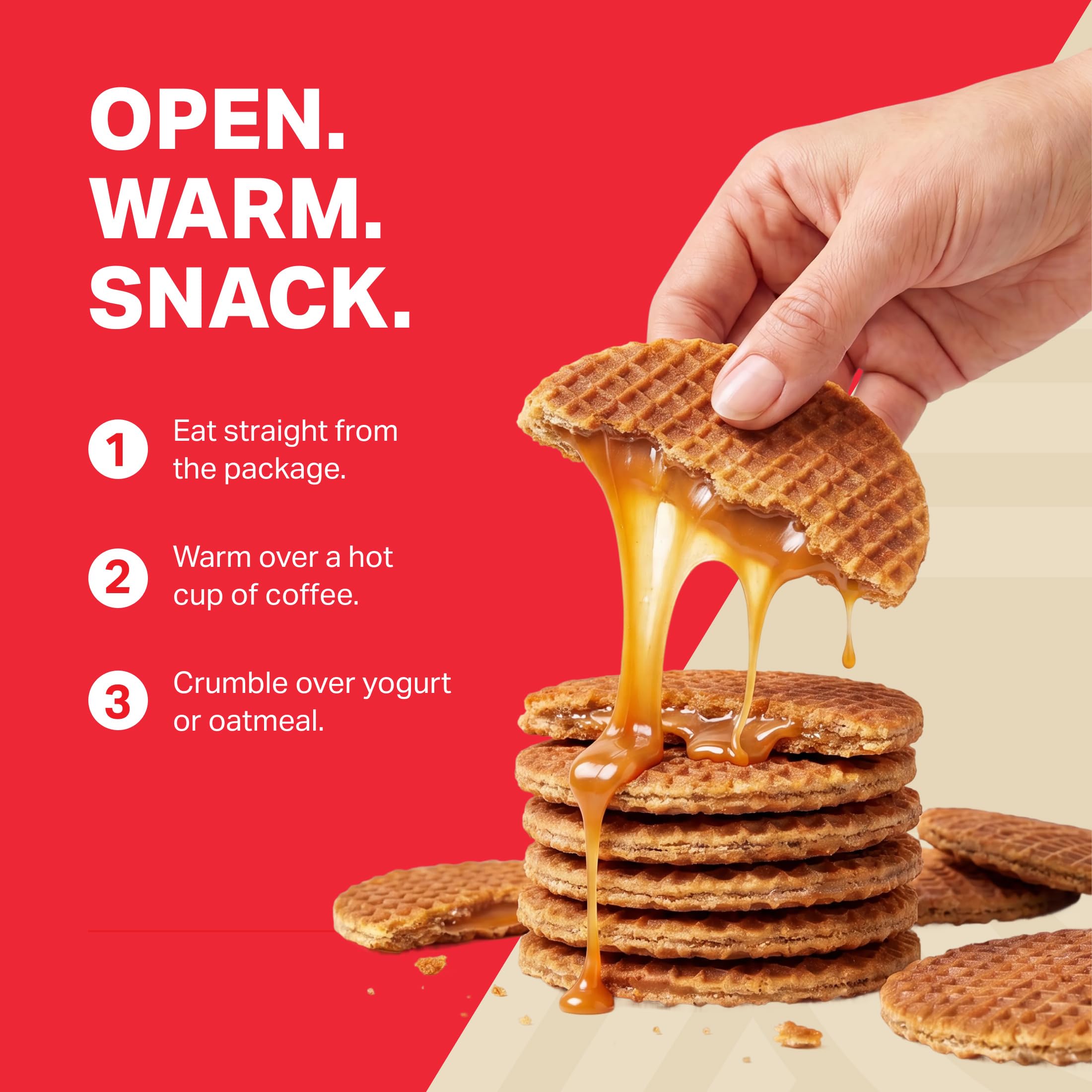 Podium Nutrition stroopwafel next to hand showing actual size for portion clarity