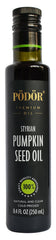 PÖDÖR bottle front view showing premium Styrian pumpkin seed oil and branding benefit