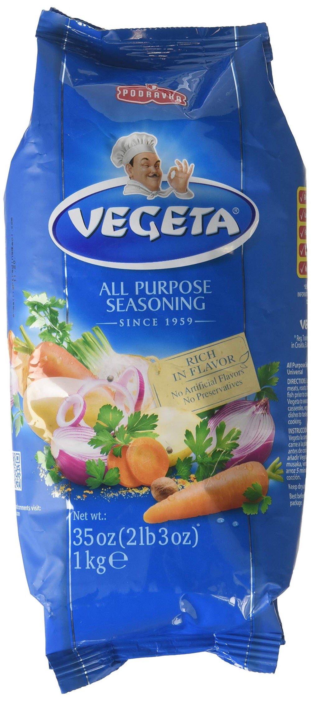 Podravka Vegeta front packaging showing 1 kg bag and clear label for easy pantry identification and consistent flavor