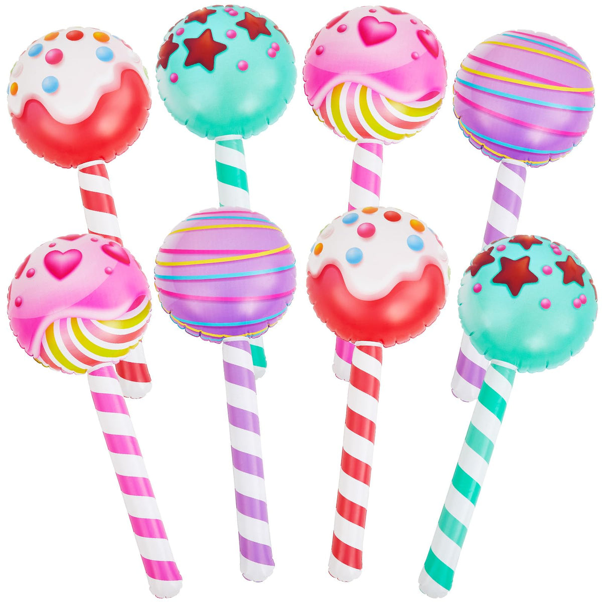 Poen front view of eight colorful lollipops creating a bright party focal point