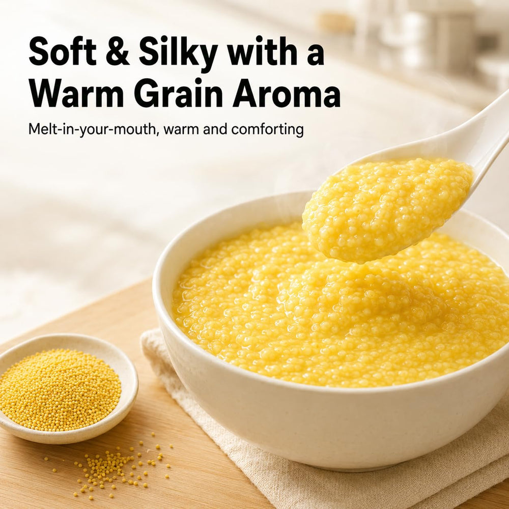 PoetrySeptember close-up of golden millet grains highlighting texture and quick-cook benefit