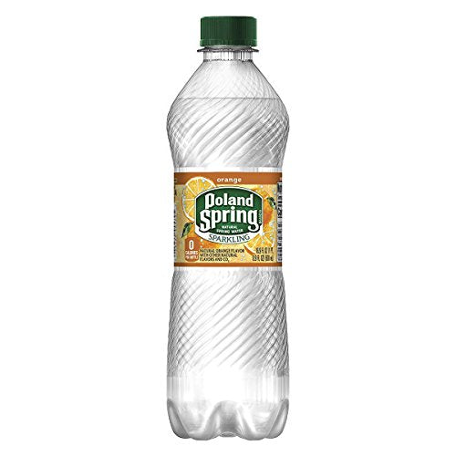 Poland Spring bottle close-up label highlighting natural flavors and clear ingredients