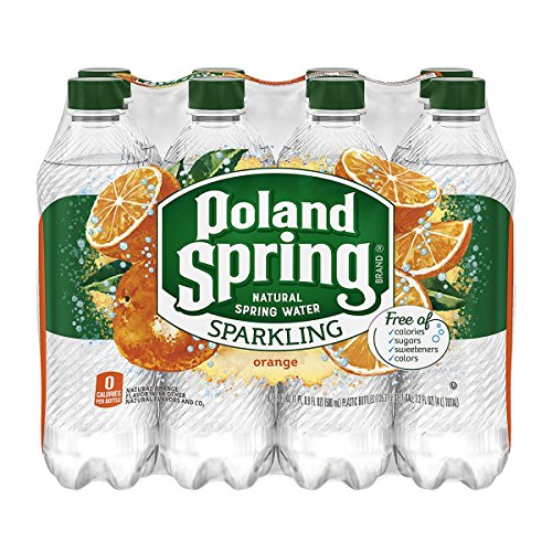 Poland Spring front packaging showing eight mandarin orange bottles and convenience