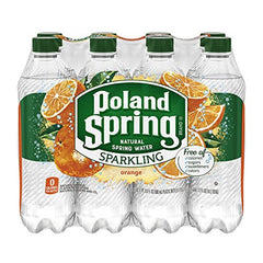 Poland Spring front packaging showing eight mandarin orange bottles and convenience