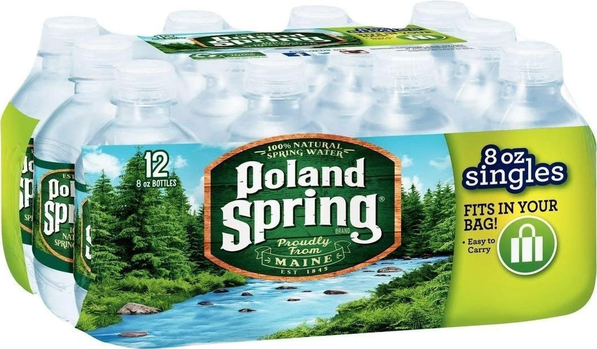 Poland Spring half-pint front packaging showing 12 bottles for easy serving