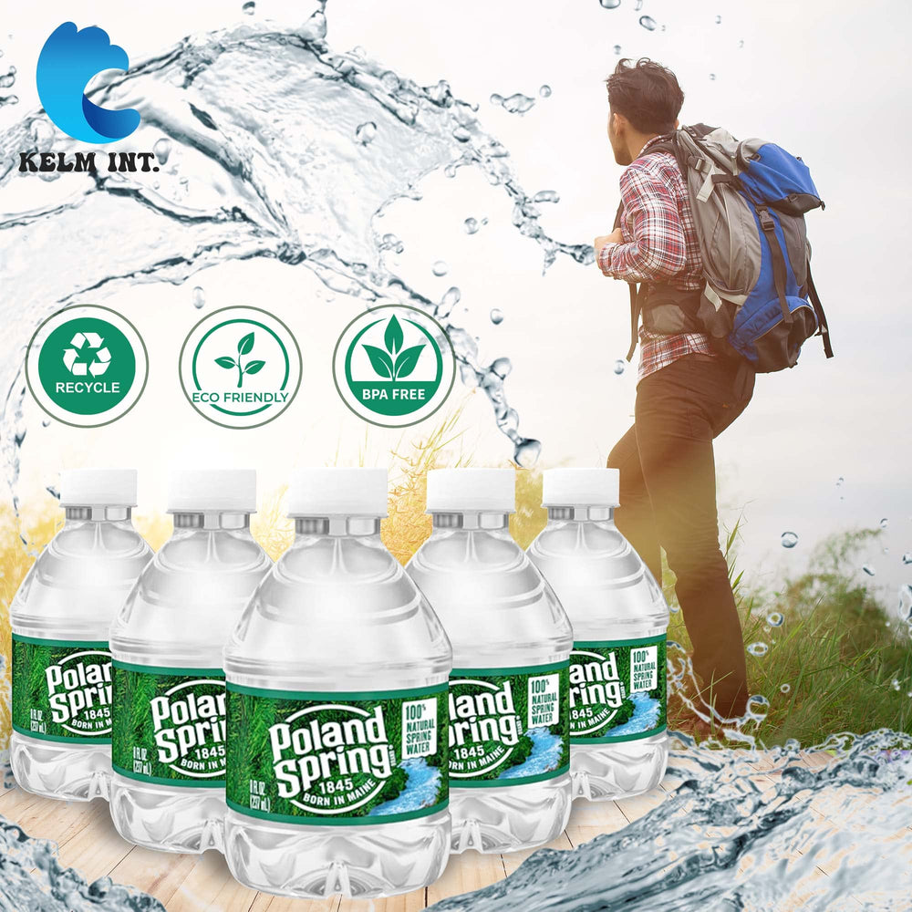 Kelm Int. Poland Spring close-up label verifies brand and spring water source