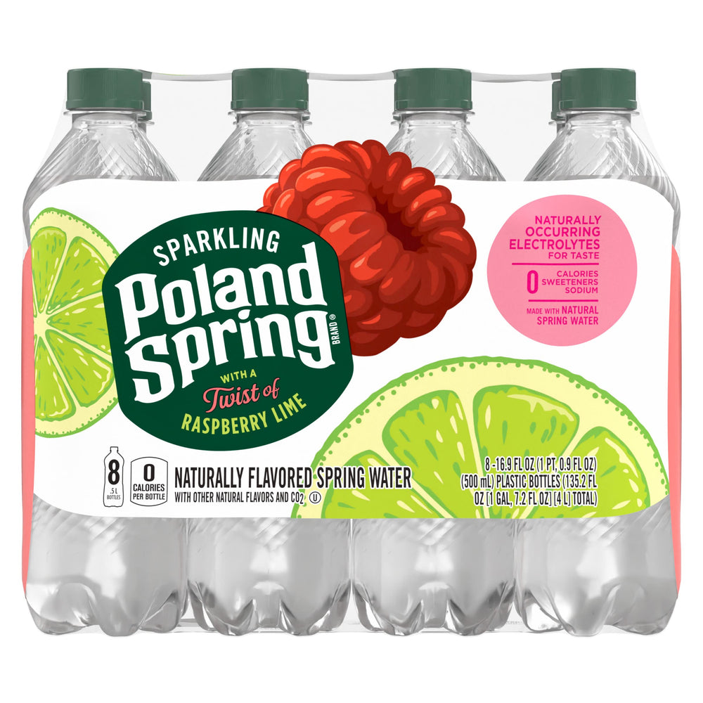 Poland Spring raspberry lime bottle close-up highlighting carbonation and clarity