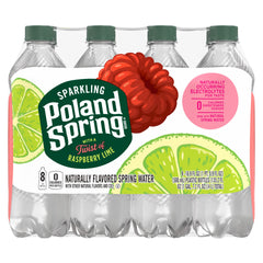 Poland Spring raspberry lime bottle close-up highlighting carbonation and clarity