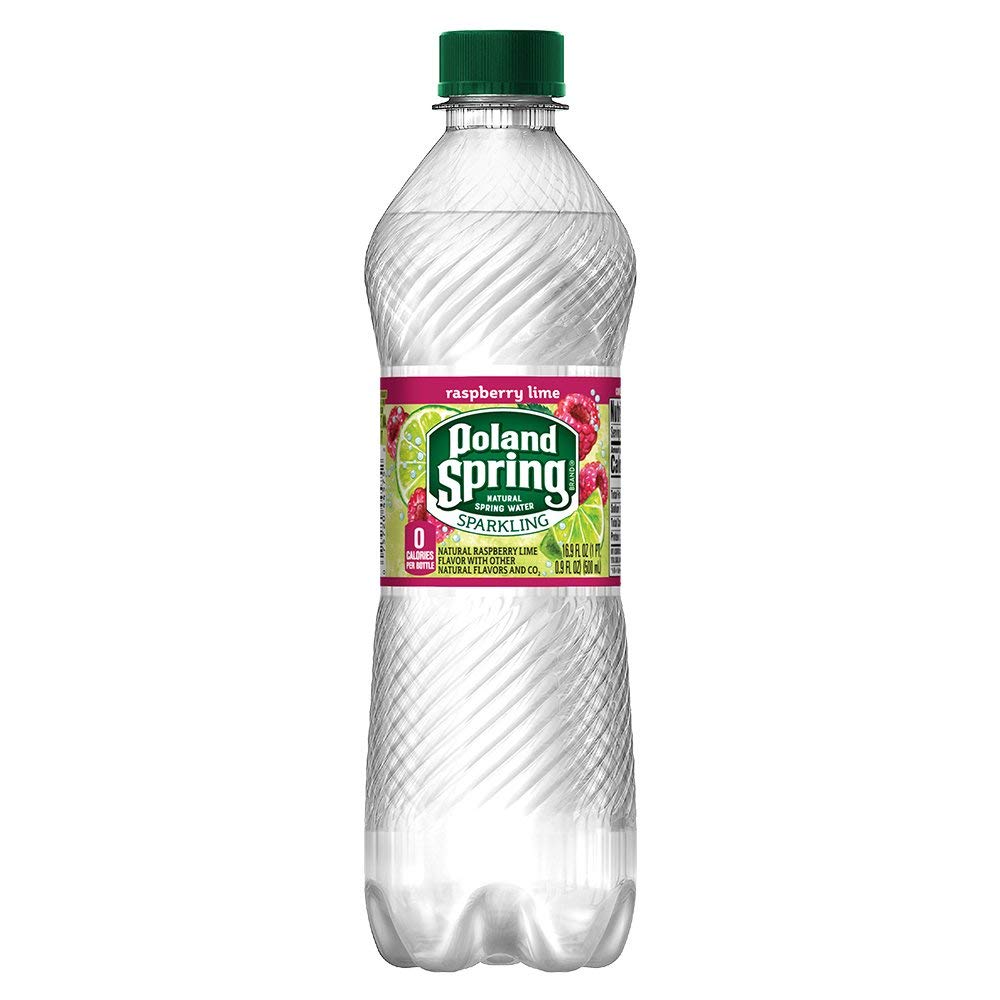 Poland Spring raspberry lime side label detail showing ingredients and recyclable bottle