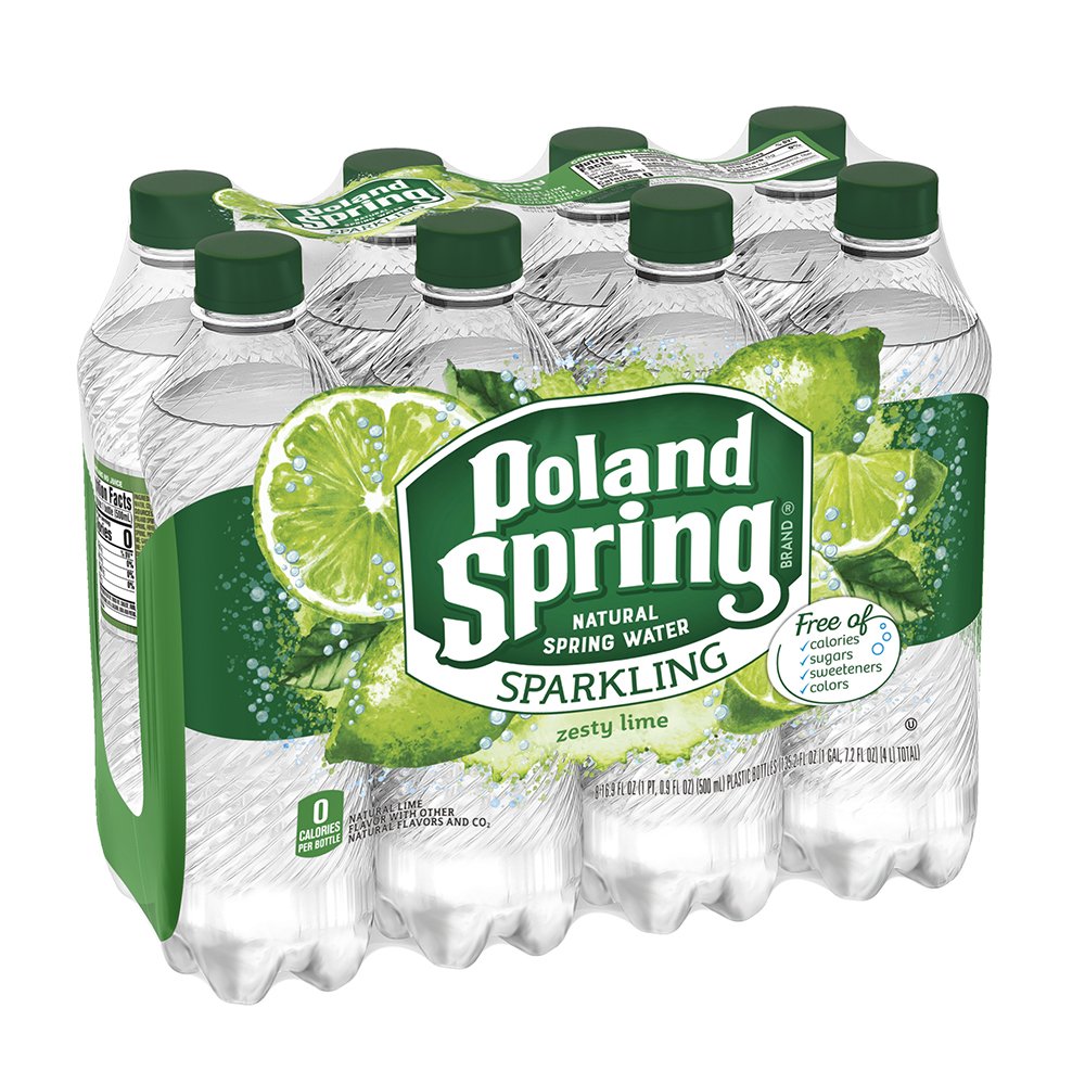 Poland Spring zesty lime front packaging showing bottle and label for refreshing on-the-go hydration