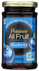 Polaner blueberry jar front view showing label and convenient size, highlights flavor