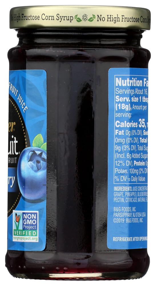 Polaner blueberry jar beside a measuring spoon showing 10 oz scale and portion guidance
