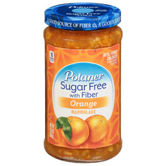 Polaner jar front view showing label and orange marmalade benefit of real fruit flavor