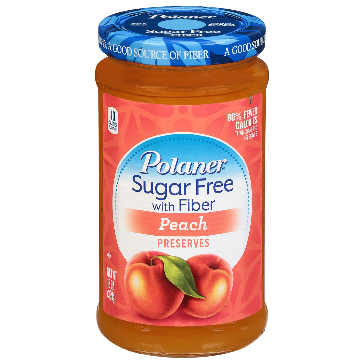 Polaner jar front view showing peach jam and clear labeling benefit of convenience