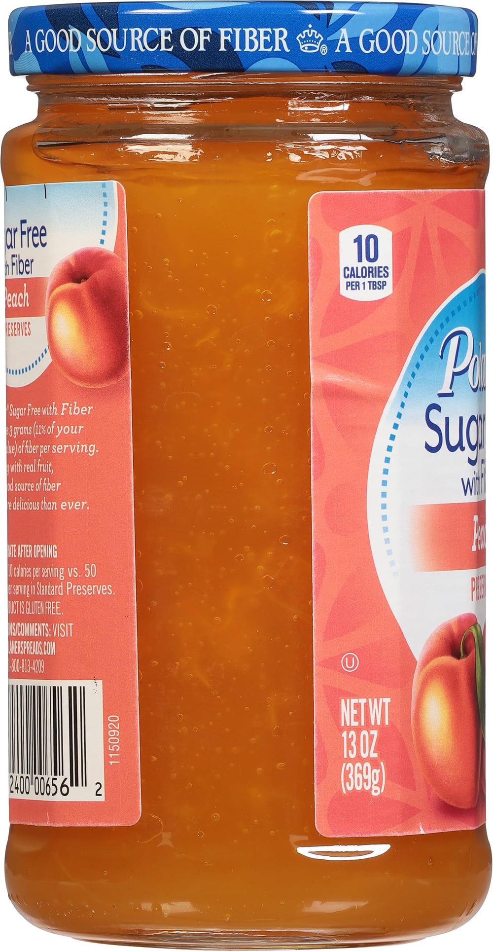 Polaner label close-up highlighting sugar-free with fiber claim for informed choice